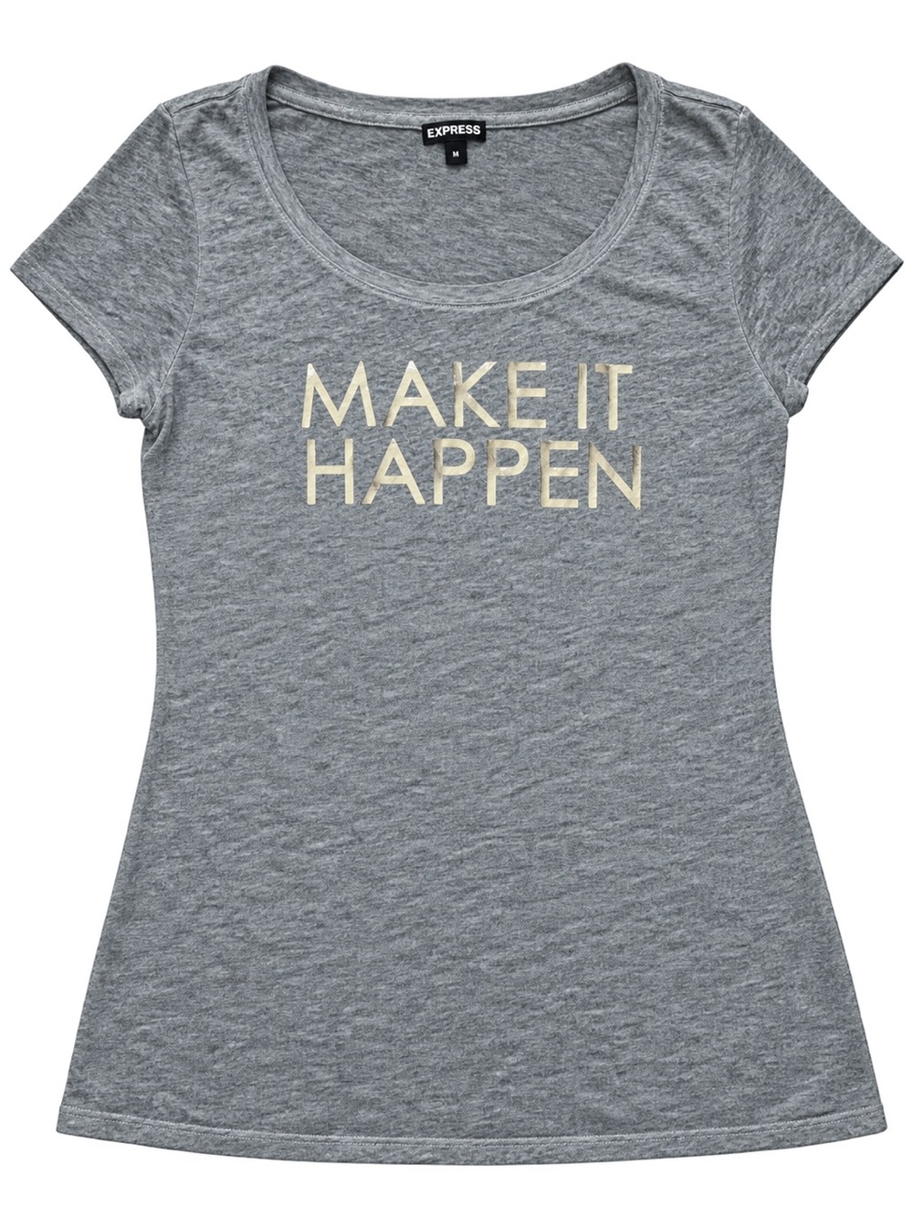 Express Gray Scoop Neck Tee with Metallic 'MAKE IT HAPPEN' Graphic